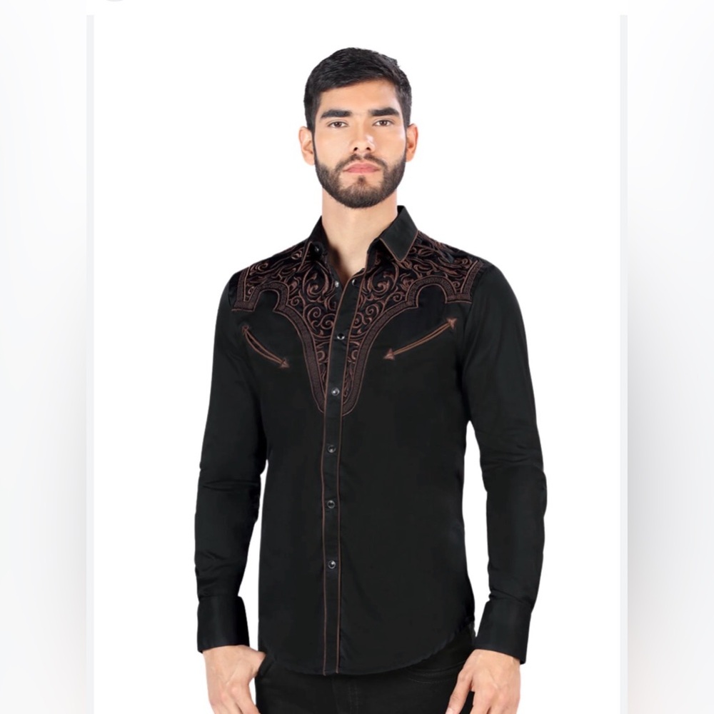 Men's Black Embroidered Western Casual Button Down Shirt